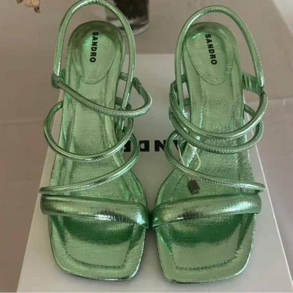 Sandro Leather Metallic Green Strappy Heels - Picture 2 of 2